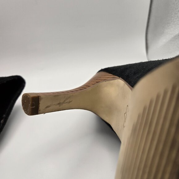 Steve Madden Black Suede Peep Toe Heels 8M Black Upper Brown Balance - Picture 10 of 13